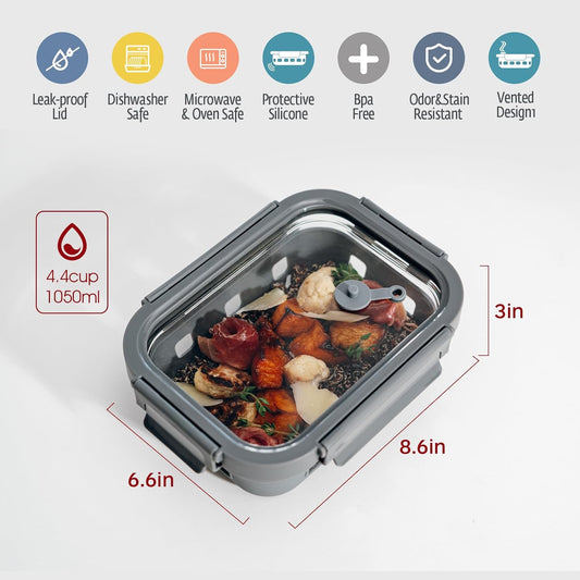 GENICOOK Glass Food Storage Containers With Glass Lids Bento Box Set Lunch Box Eco Friendly Meal Prep Containers Airtight – Plastic Free, Silicon Sleeve Bpa Free 4.4cup/ 5 * 1050ml