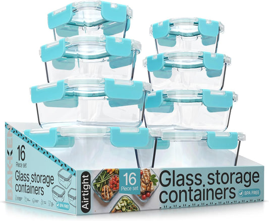 Bakken Borosilicate Glass Food Storage Containers with Lids 16 Pieces, BPA-Free Stackable Lunch & Leftover Containers, Microwave, Freezer & Dishwasher Safe, 100% Airtight Leak-Proof, Aqua